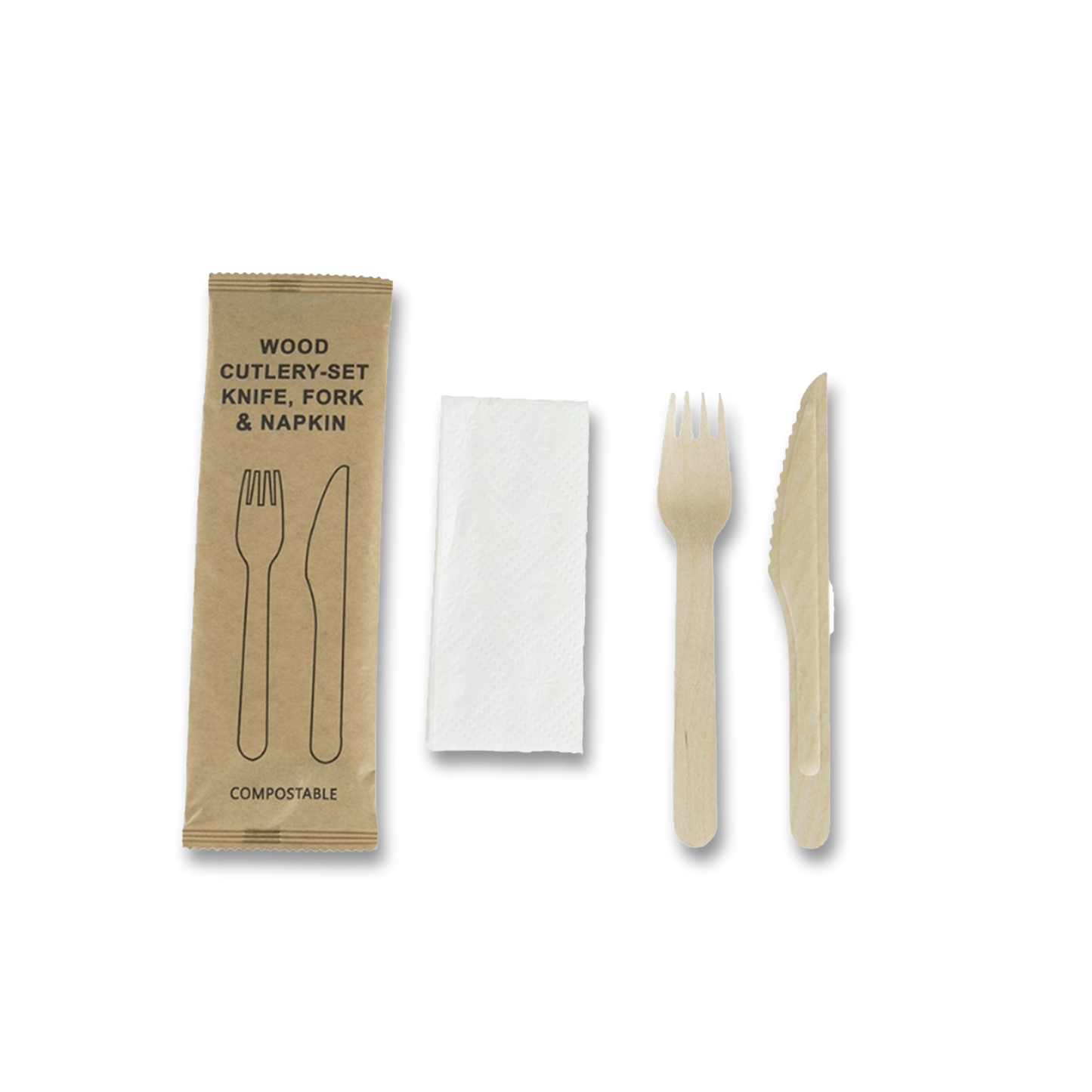 Bestickset trä gaffel, kniv o servett i fp 500st/krt